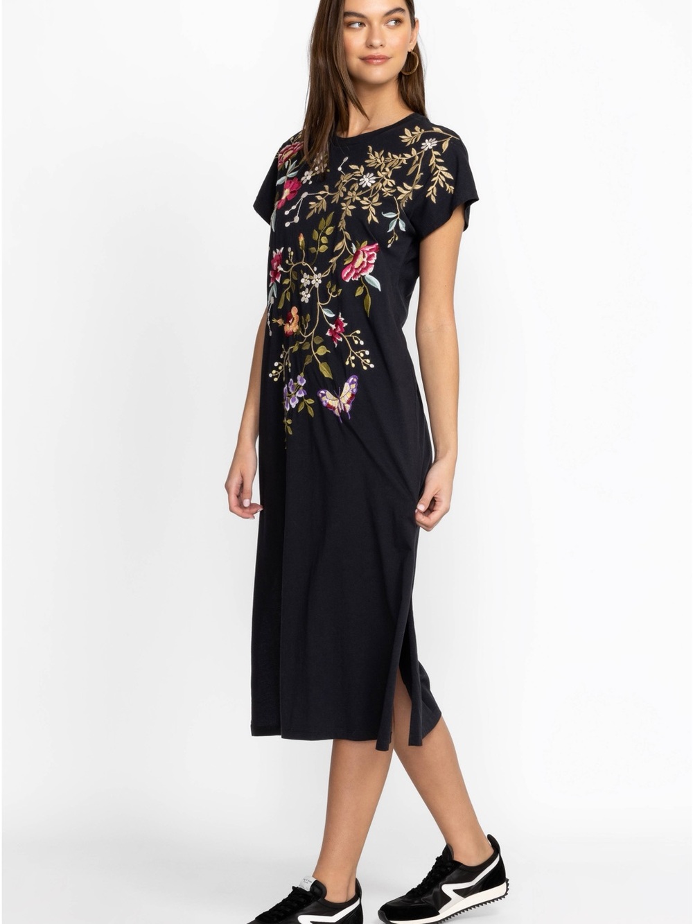 Johnny Was Osaka Floral Embroidered Black Cotton Dress Large